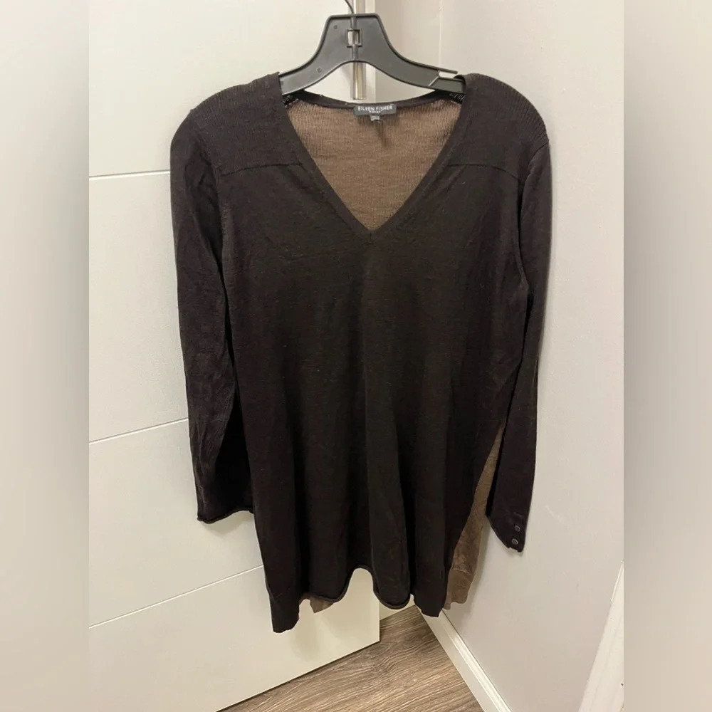 Eileen Fisher Sz 1X Brown Colorblock Wool Knit Sweater Dress Knee Length V Neck